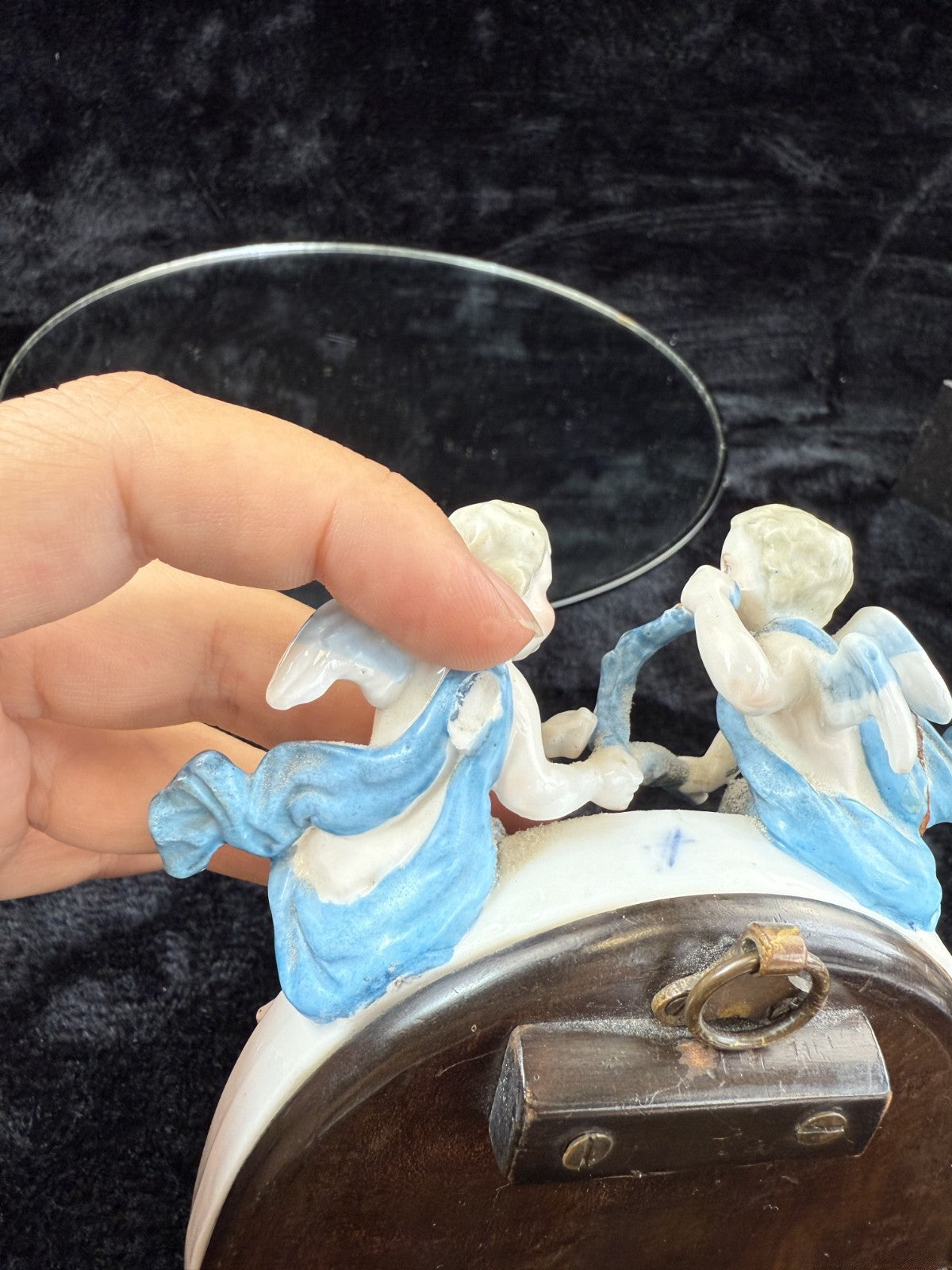 French Antique Style Porcelain Mirror with Cherub Figurines repaired leg Gilt8
