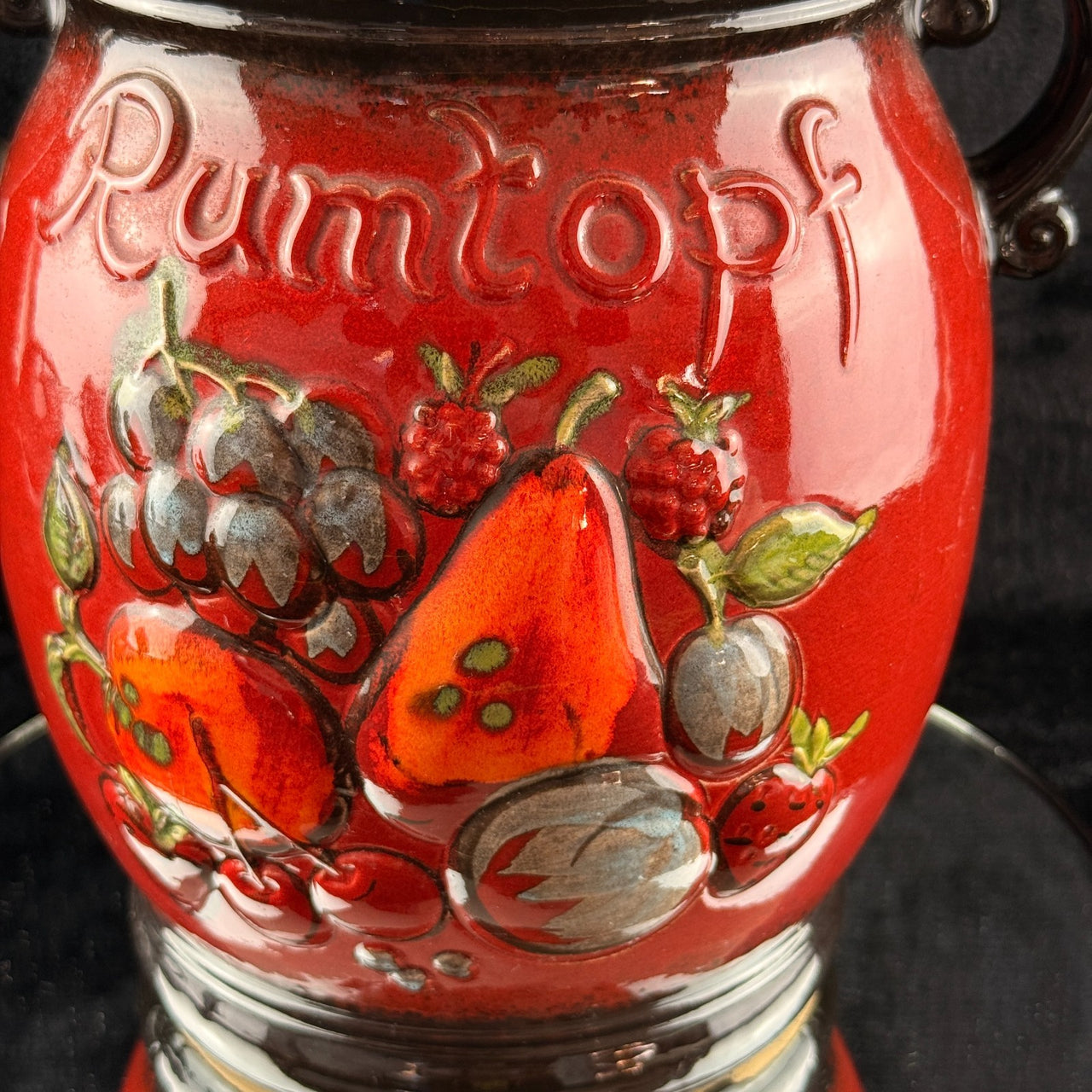 West Germany Rumtopf Jar Red Glazed Fruit Motif 13" Ceramic 2.6 kg3