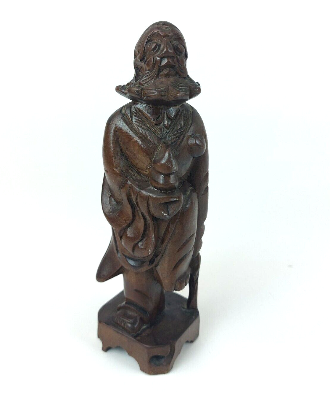 Antique Style Chinese Qing Dynasty Nanmu Wood Carved Figure  Robed Staff 6".0