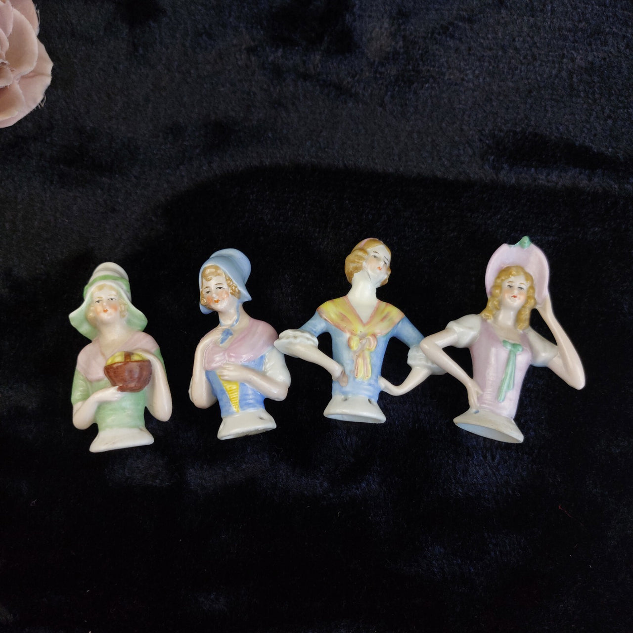 Porcelain Doll Half Lot of 4 Foreign Marked Hand Painted Figurines 3in Worn17