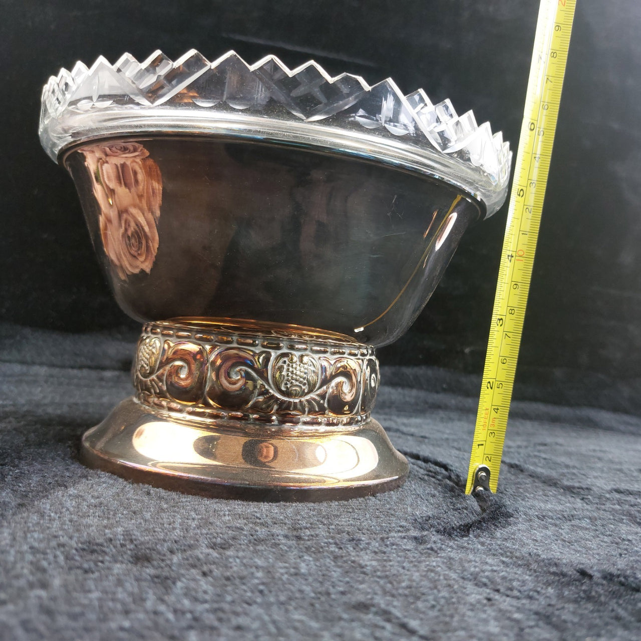 Silverplate Pedestal Bowl Cut Worn 8" Wide Glass Insert Grape Motif Acceptable11