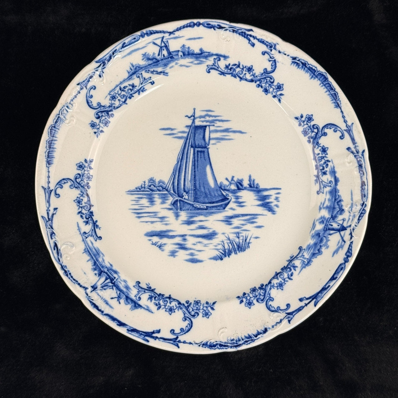 Delph & Blue White Transferware Plates Sailboat Scene x2 Antique, 1890s decor UK10