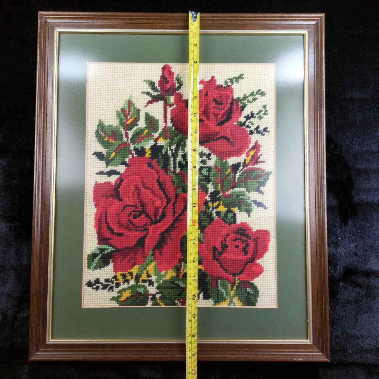 Framed Handmade Needlepoint Art - 19" x 16 " Red Roses Design Unique handmade .3