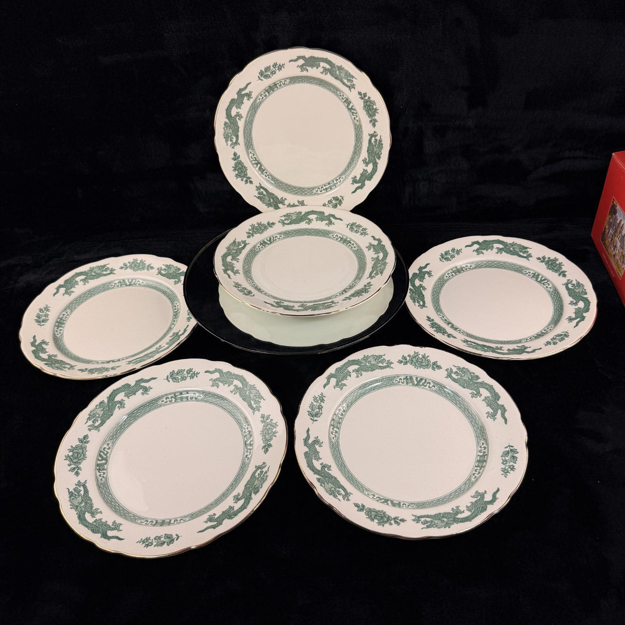 Royal Cauldon Antique Green Dragon Plates x6 England Ironstone c.1900s. 10.5" 2