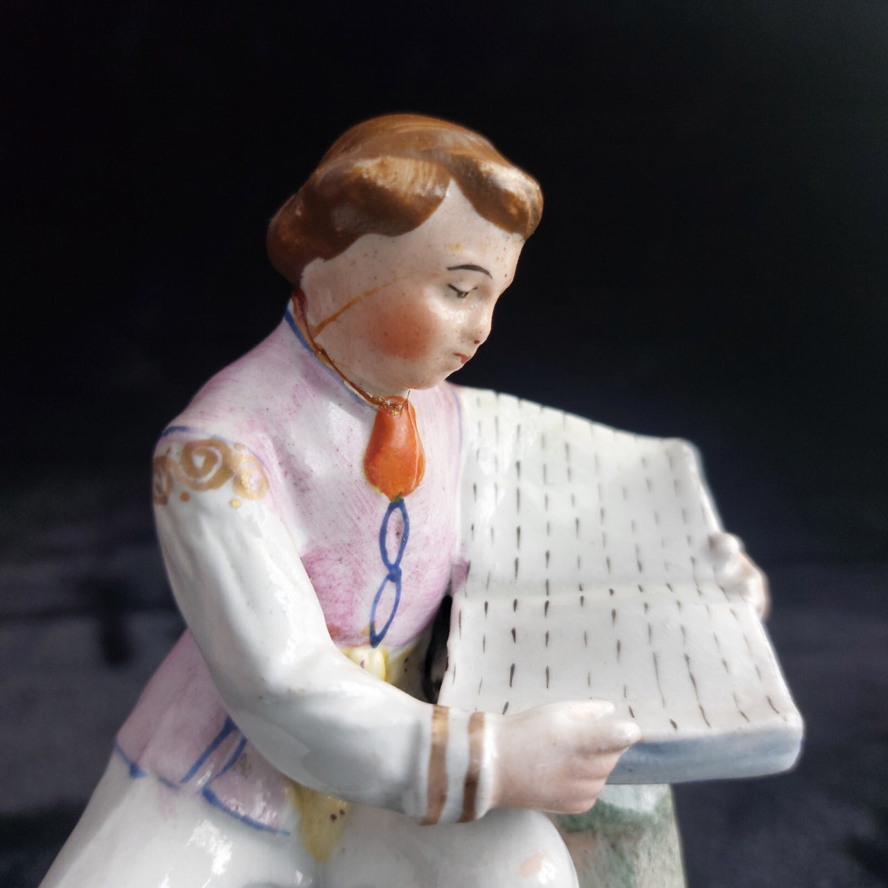 Staffordshire Figurine Reading Man Book 6" Repaired Neck, chipped foot Vintage.6