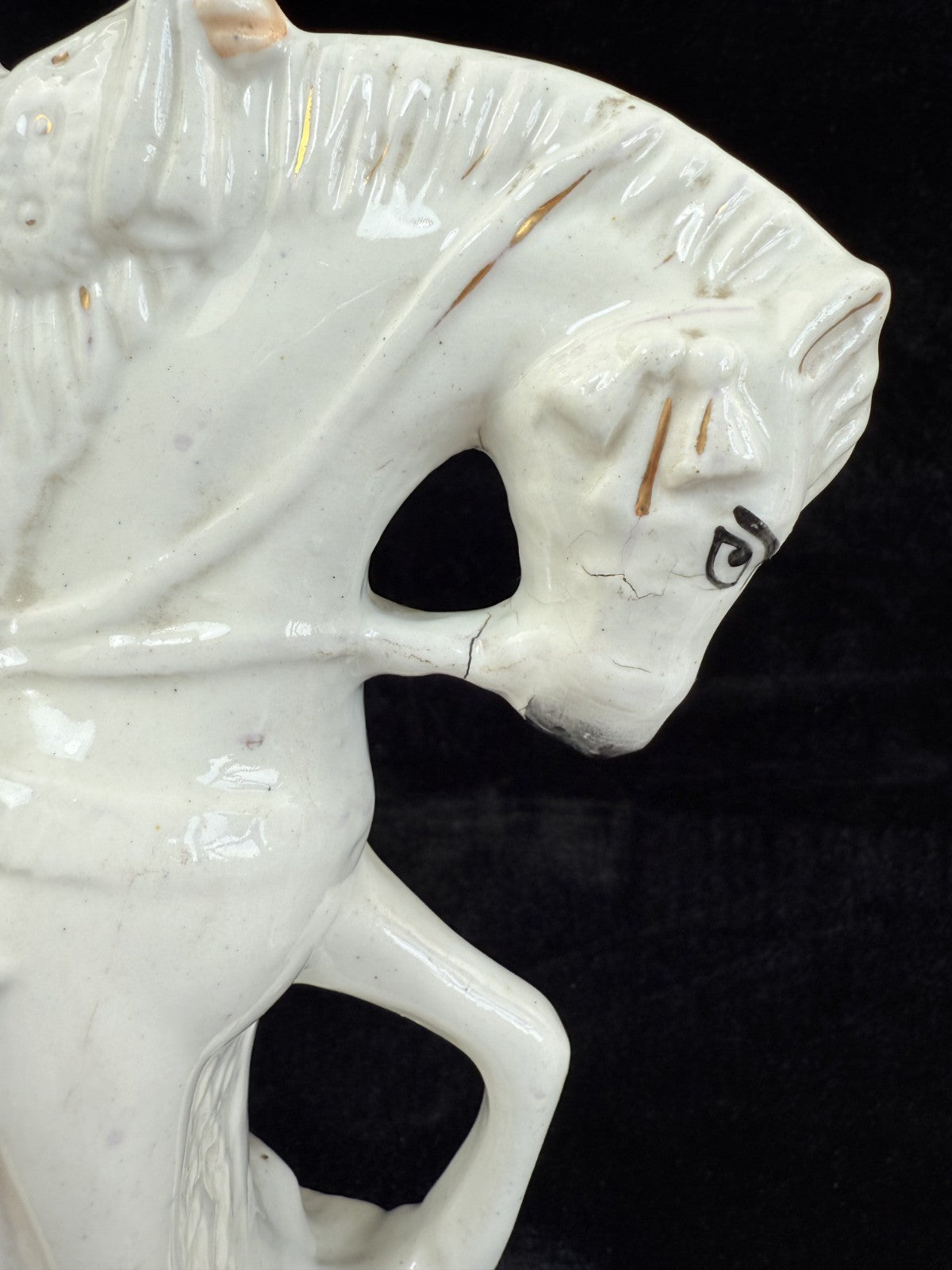 Antique Porcelain Staffordshire Cavalier- Horse Figurine Pair decor see one head22