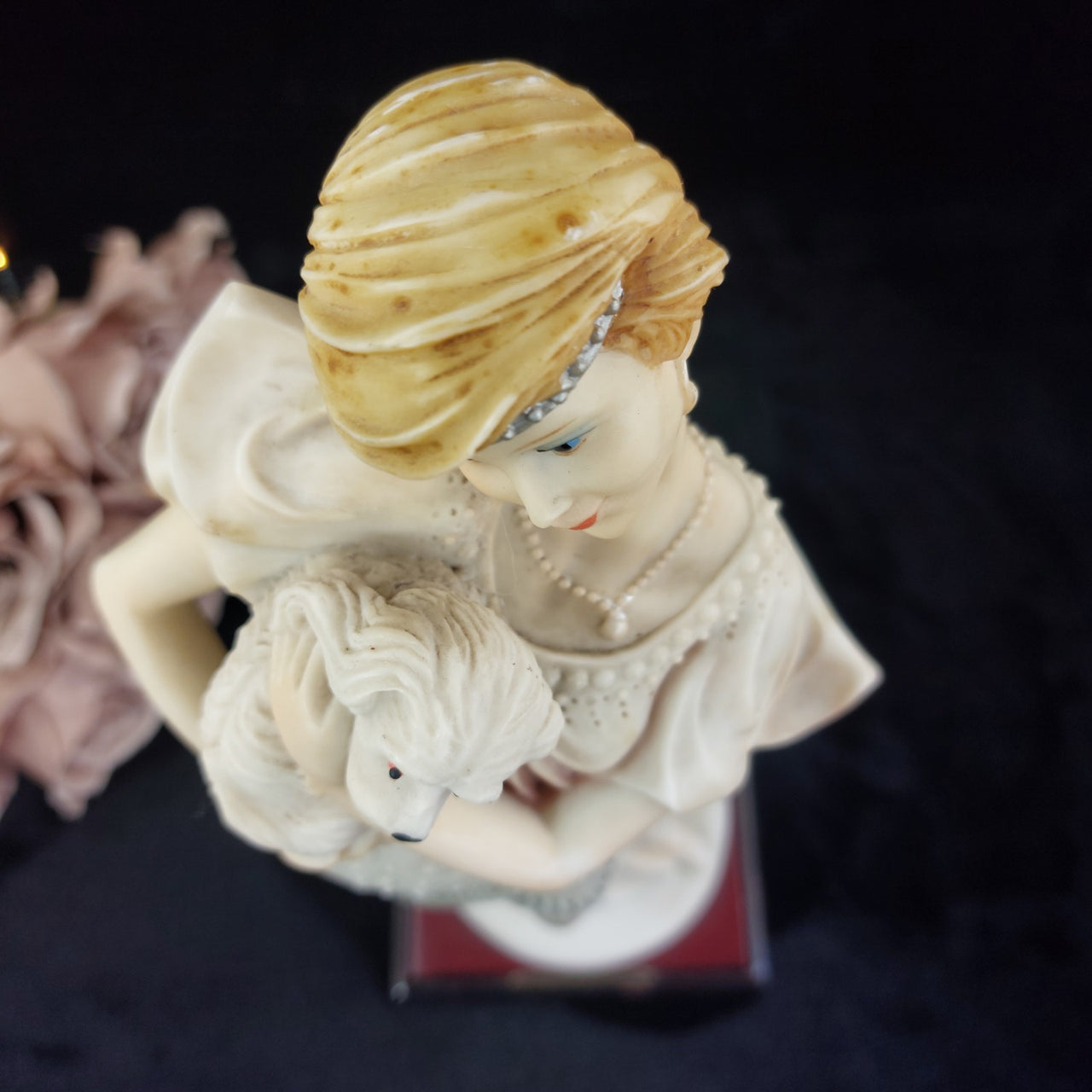 Juliana Collection 15in Figurine, Tall Lady with Dog, large Resin Art Deco Beige15