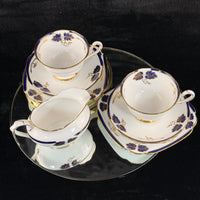 Thumbnail for Rare Royal Crown Albert China 1930 Blue Gold Leaf Tea Set Trio x2 & Jug England3