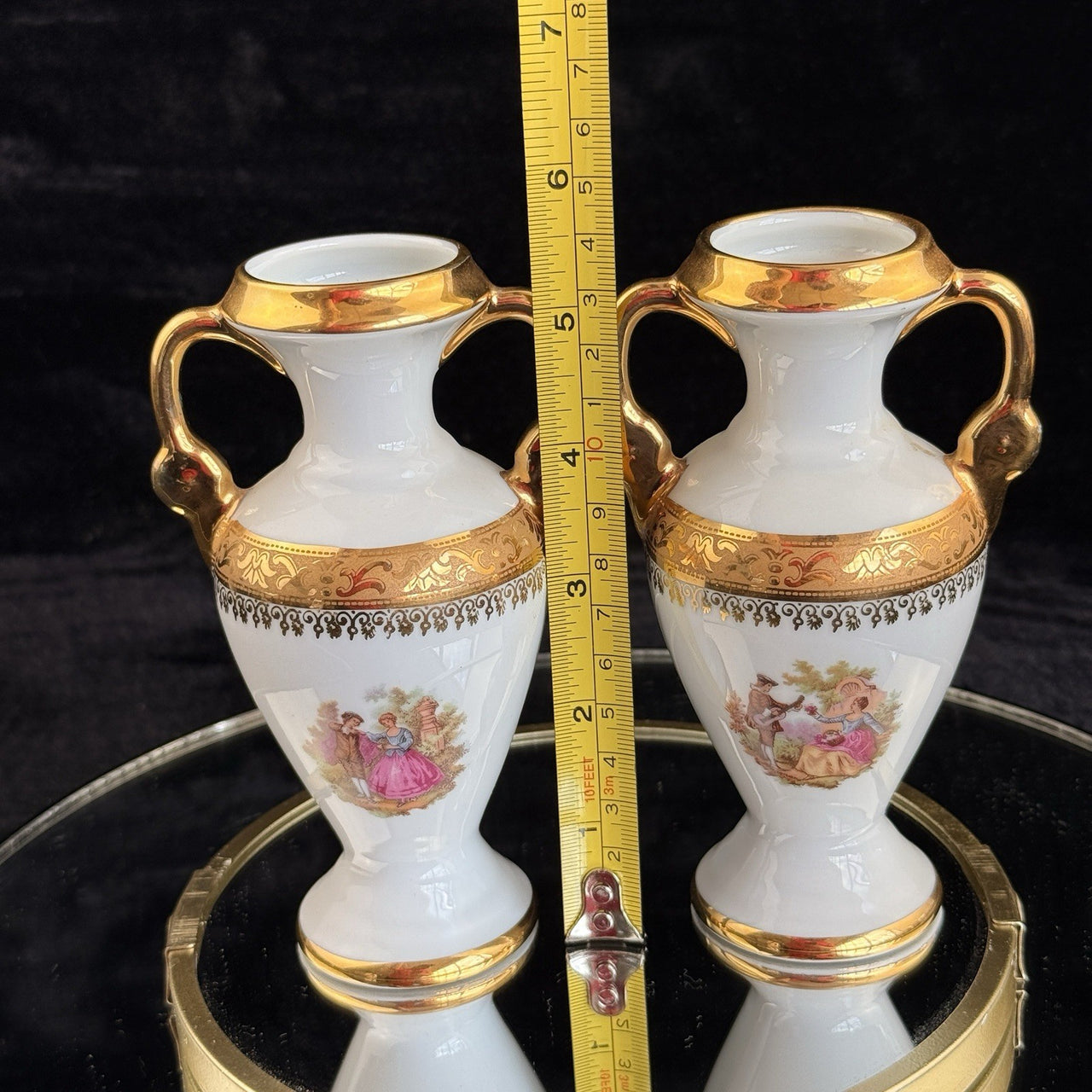 Pair of La Reine Limoges Porcelain Vases Gold Gilt Romantic Courting Couple5