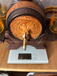 Thumbnail for Vintage Amber Glass Barrel Decanter Set with Tap 3 Glasses Tray & Wood Stand20