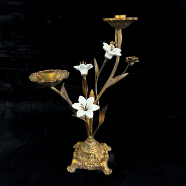 Italian Style Bronzed Brass Floral Candlestick White Ceramic Flowers 40cm gift0