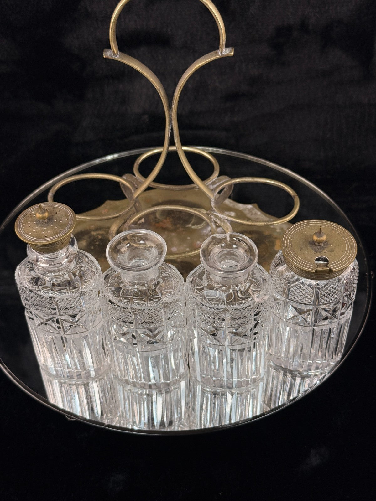Antique Brass & Cut Glass Cruet Set Four Bottle Table Castor Stand Marked EPNS.3