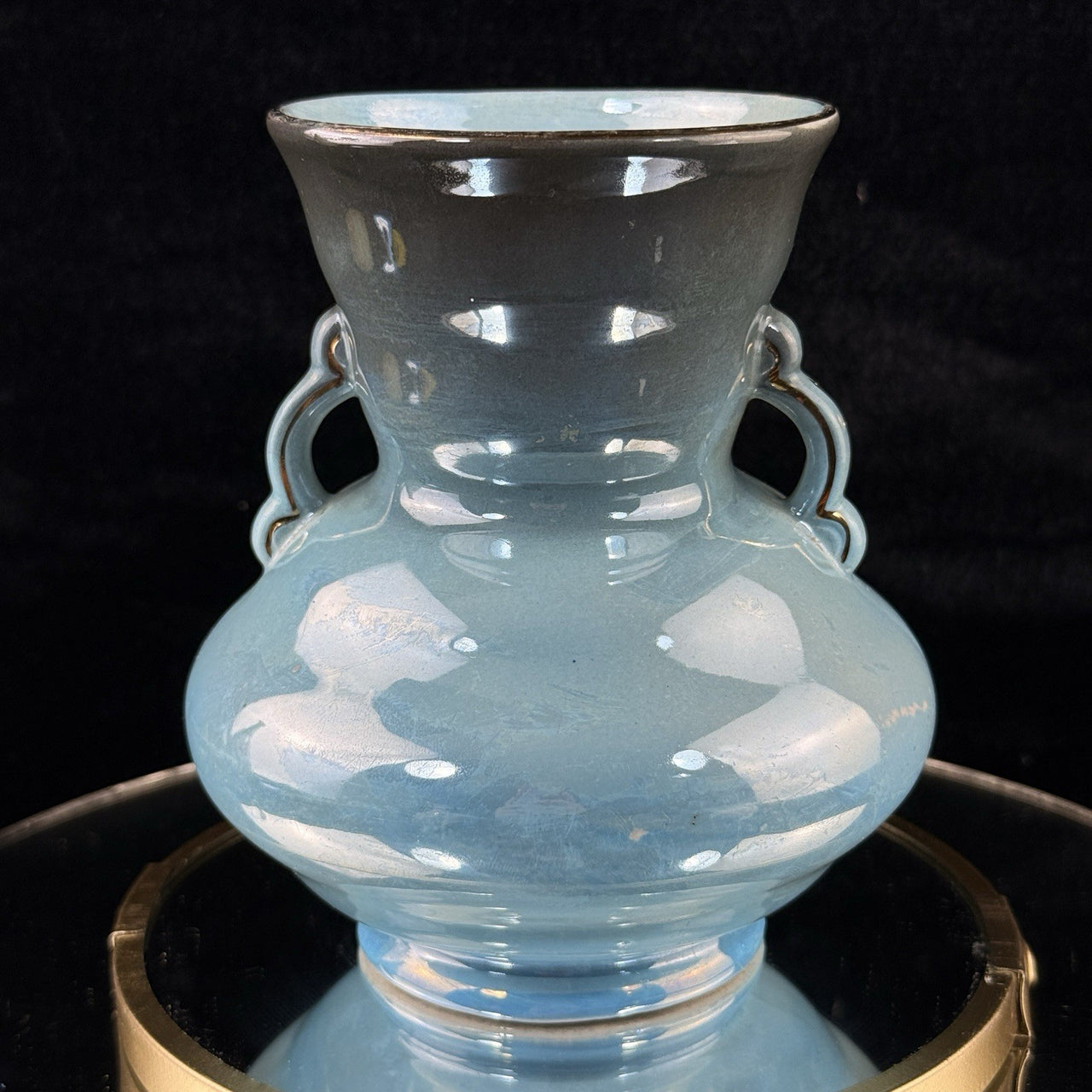 Antique Maling Vase England –Blue Glazed Handle Twin Urn Shape 6.5” decor China,0