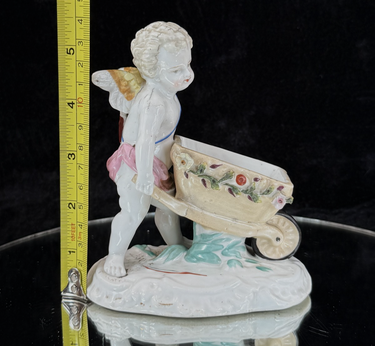 Antique Cupid Figurine with Wheelbarrow  German Porcelain Match Holder  SPM1