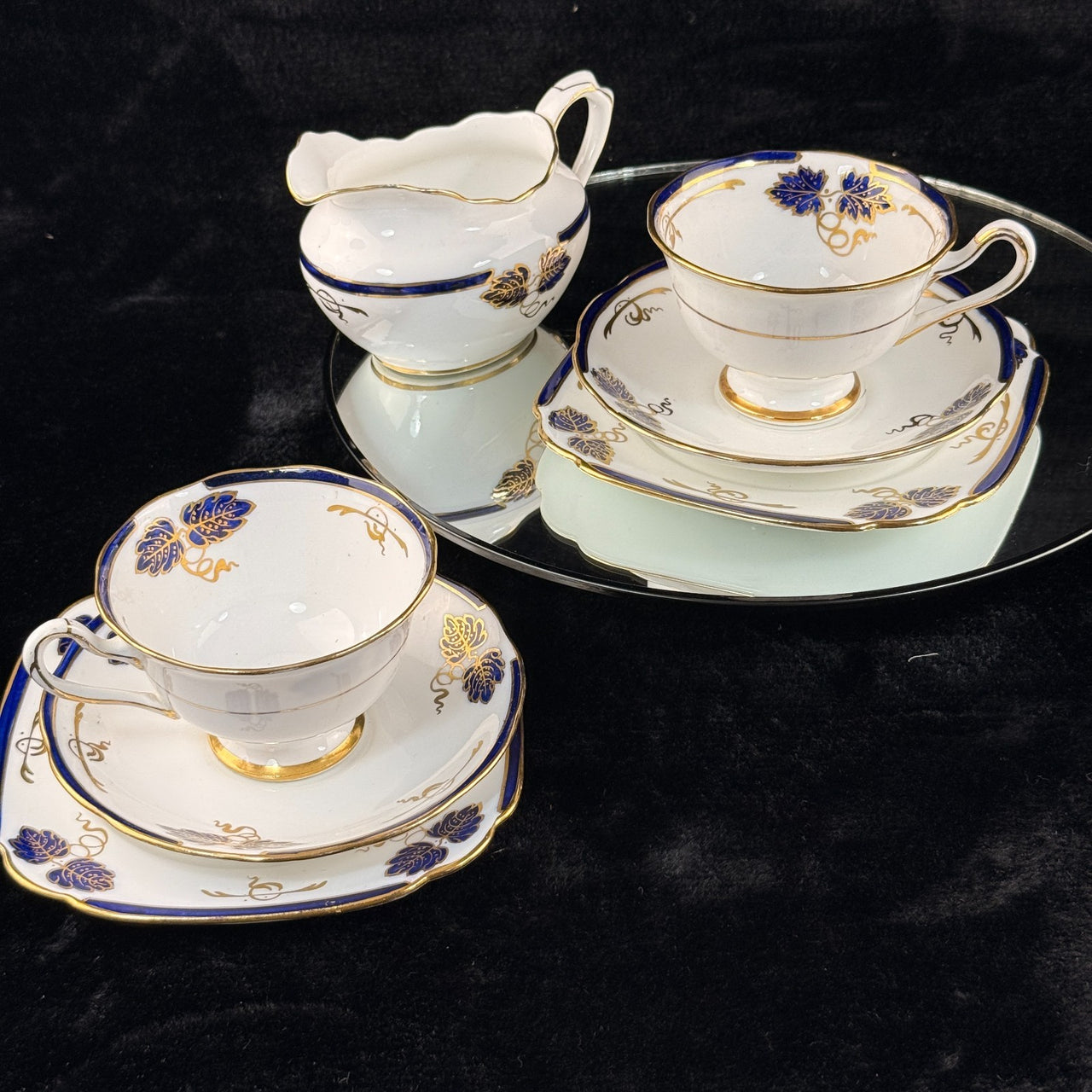 Rare Royal Albert Crown China Blue Gold Leaf Tea Set Trio x2 & Jug England 1930s15