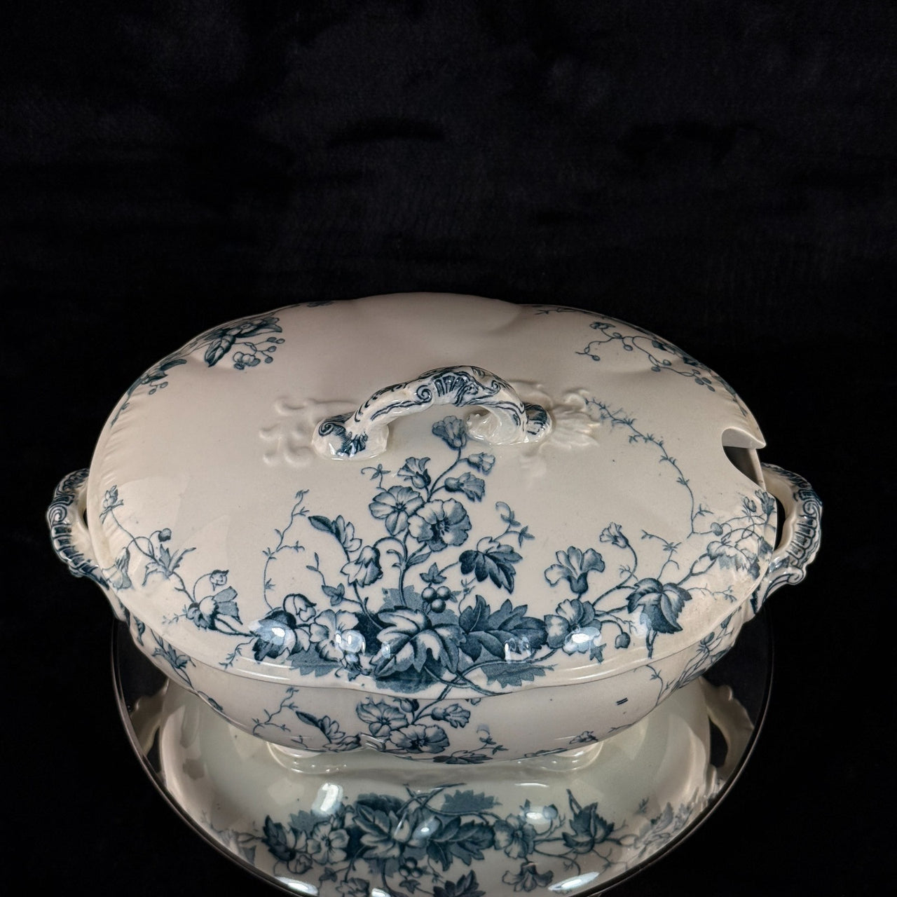 S.H. & Sons 'Ruby' Blue Transferware Tureen Lidded Floral Dish England 11” Large2