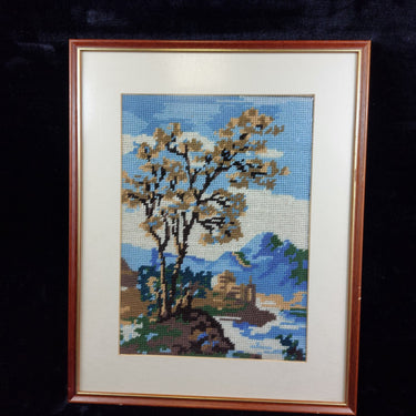 Framed Needlepoint Art - Landscape, Mountain Vintage 13 x 16 Inch(41 x 33 cm)1