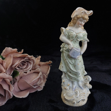 9in German Bisque Figurine Girl Watering Can Antique Hand Painted Gilt Accents0