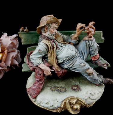 Original Bruno Merli Figurine Capodimonte Italy old Man on Bench with Squirrel0
