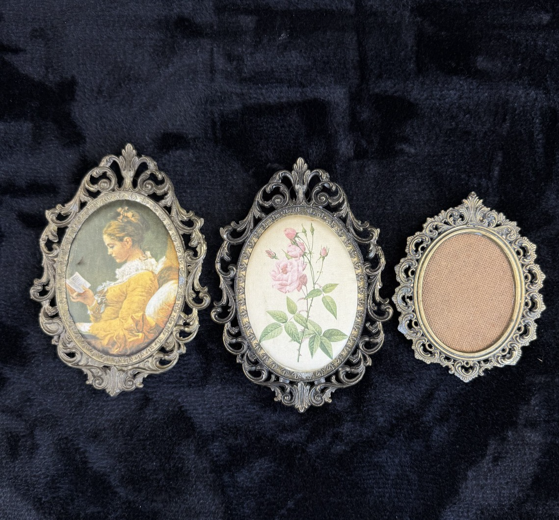 Italian Vintage/Antique Brass Oval Frames with Fabric Prints - Set of 3 Italy1