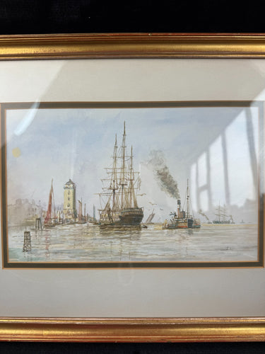 Antique S.L. Signed Watercolor gold wood framed- A London Harbor Scene.1
