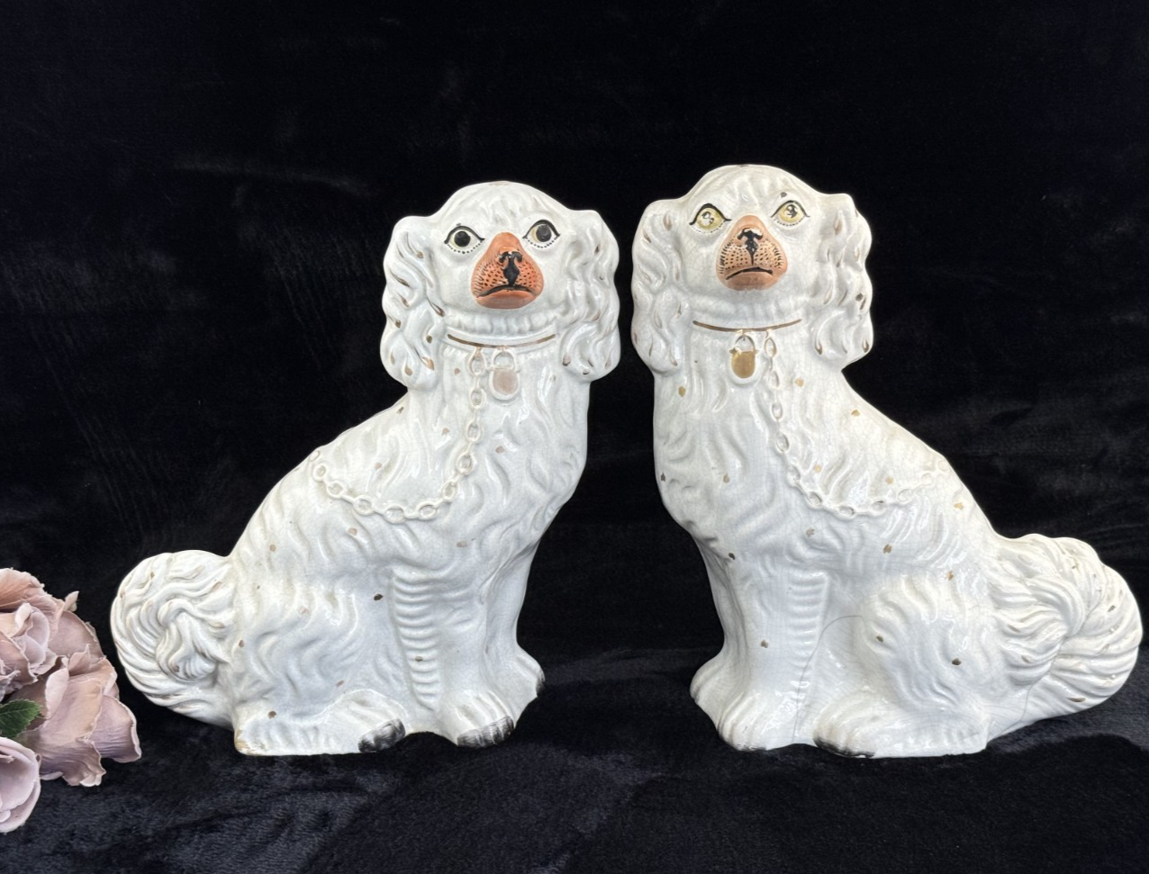 Antique Porcelain Staffordshire King Charles Spaniel Figurine Pair Victorian dec5