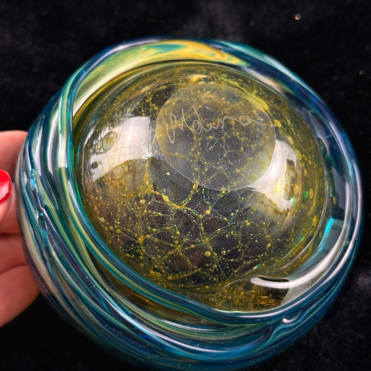 Mdina Malta Art Glass Ashtray 80s Blue Yellow Swirl 13cm Heavy see the pics deco13
