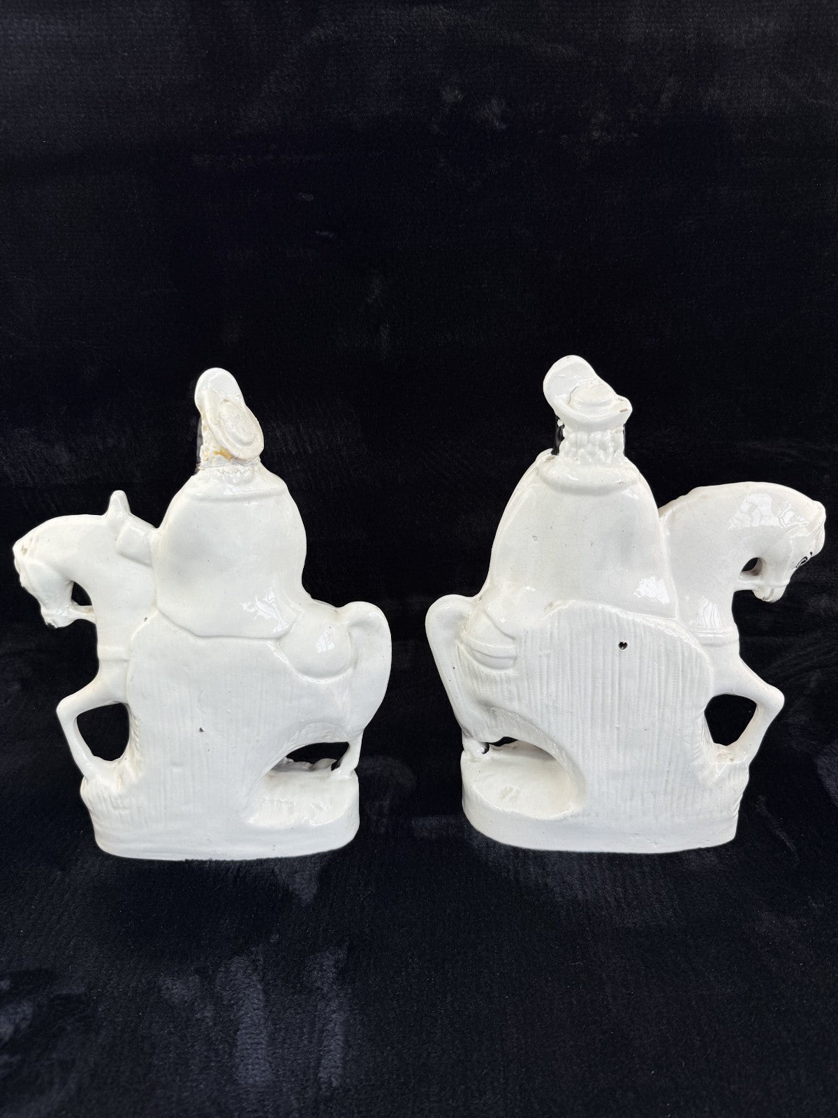 Antique Porcelain Staffordshire Cavalier- Horse Figurine Pair decor see one head7