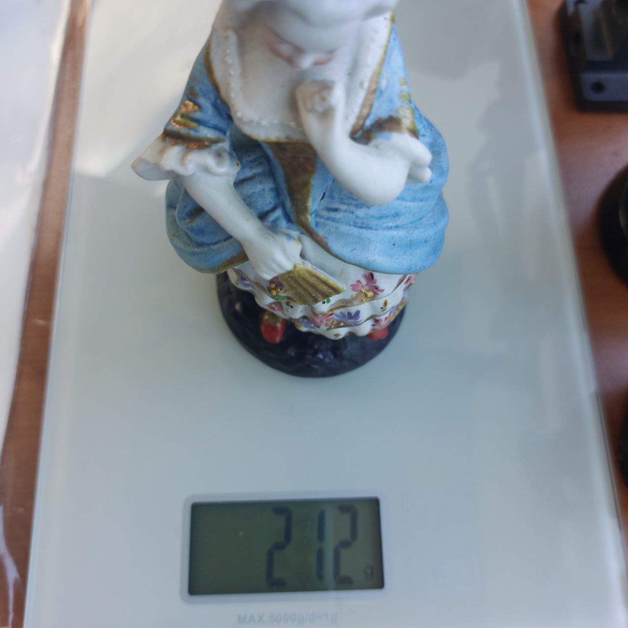 Antique victorian Porcelain Lady Figurine 5" Blue Dress Fan Flowers Germany deco11
