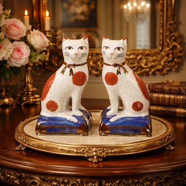Rare Staffordshire Antique Style Cat Figurine Pair Hand Painted Mantel Cats 4”0
