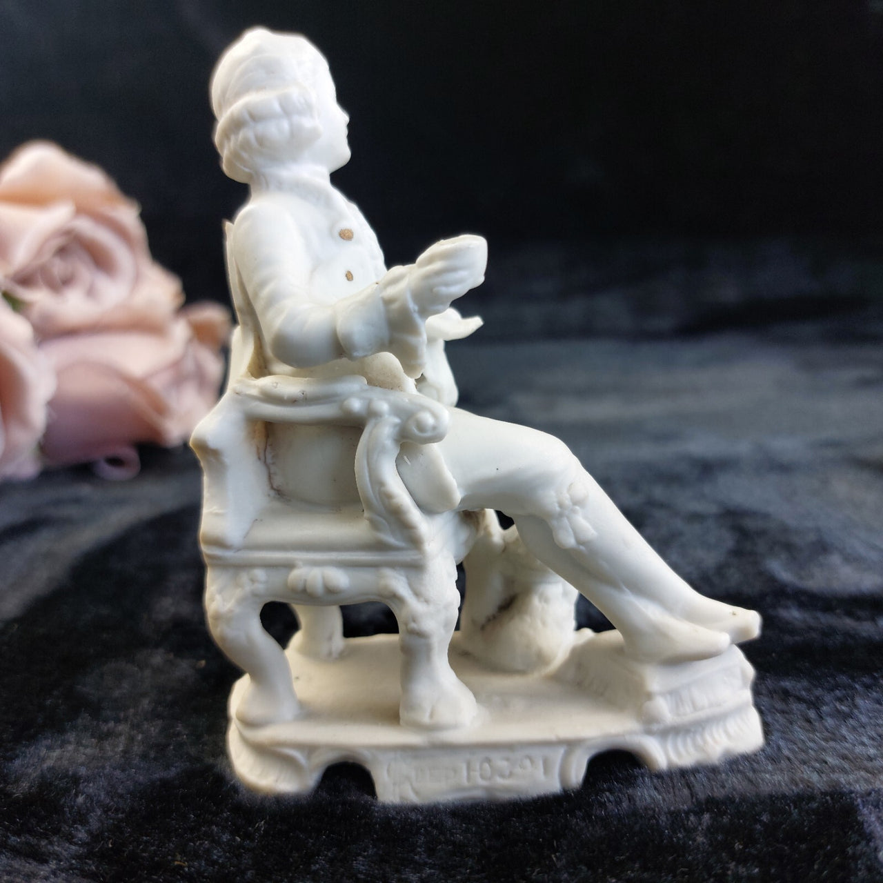 Antique Figurine Bisque 4in Seated Man with Dog White Porcelain Worn & Damaged4