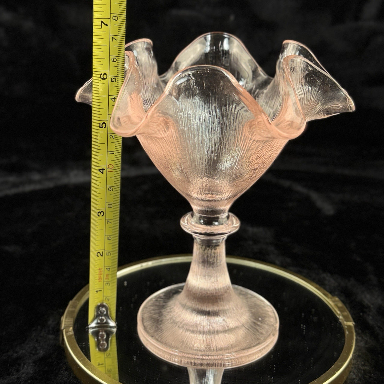 French Pink Amber Glass Compote Bowl Ruffled Pedestal 6.5” Vintage Elegant4