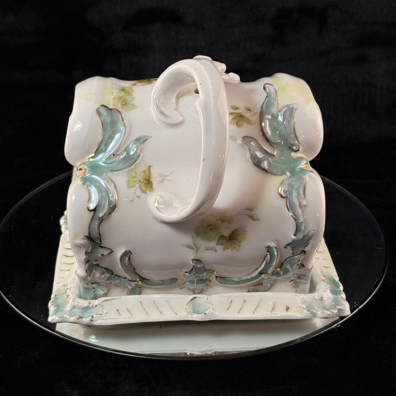 Antique Porcelain butter dish Tureen Art Nouveau Floral Green Gilt Handle 9"x8"9