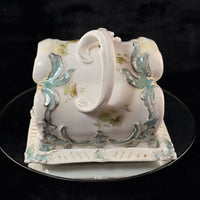 Thumbnail for Antique Porcelain butter dish Tureen Art Nouveau Floral Green Gilt Handle 9