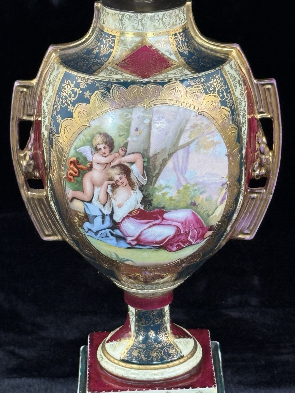 Antique 19th Century Royal Vienna Urn Lamp Romantic Scene Gold Accents Large2