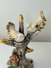 Thumbnail for Vintage Iridescent Bird Figurines Pair Tree Trunk Base Gold Trim Gift Roses4