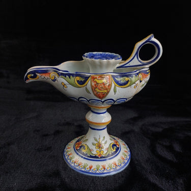 Antique Italian Majolica Faience Candle Holder Floral Hand Painted Coat of Arms 1