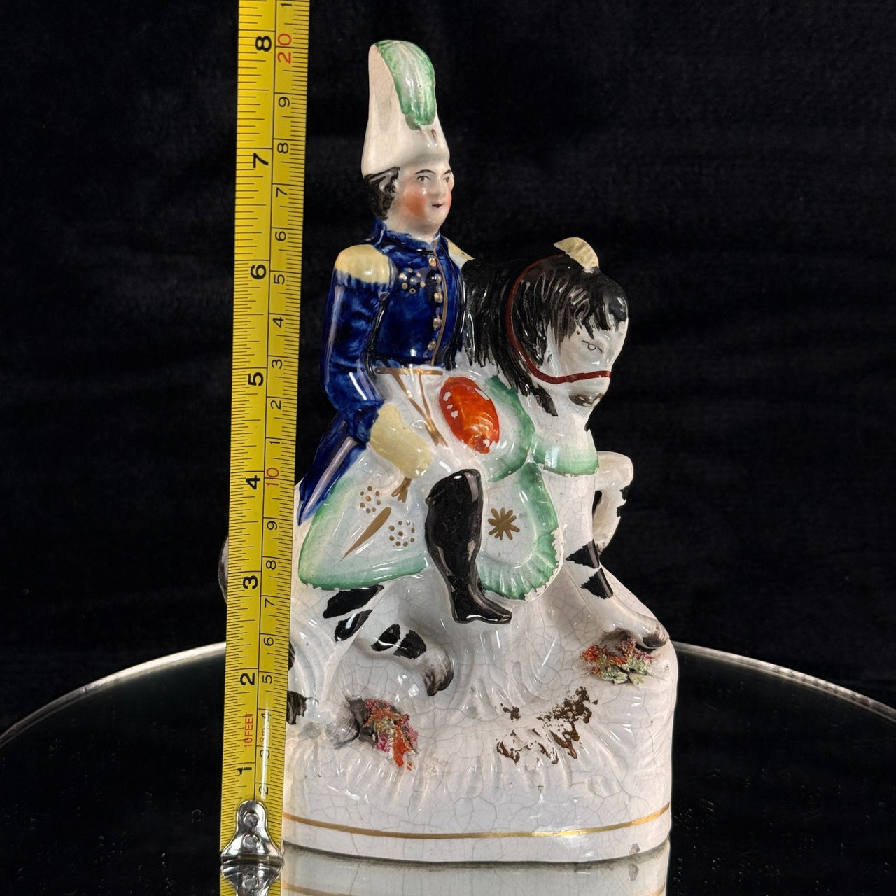 1800s antique Staffordshire Soldier on Horse Pottery Figurine Hand Painted 8"13
