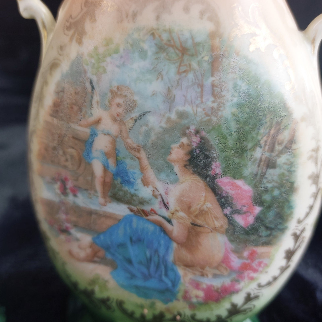 Victoria Austria Porcelain Vase Pair Handled Romantic Scene Antique Decor. 9in6