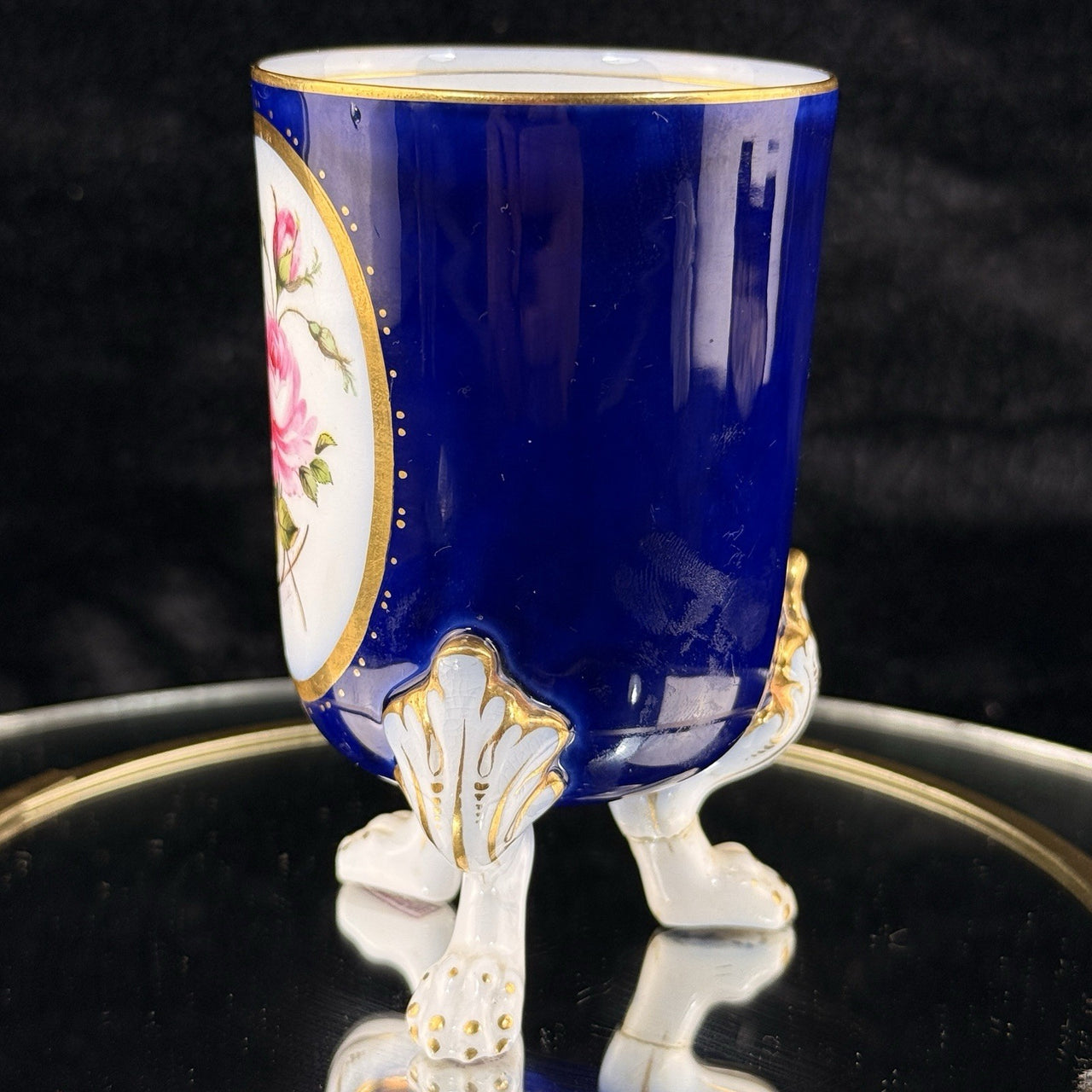 Royal Worcester Tripod Vase Blue Cobalt Pink Rose Hand Painted Gilt Antique Styl3