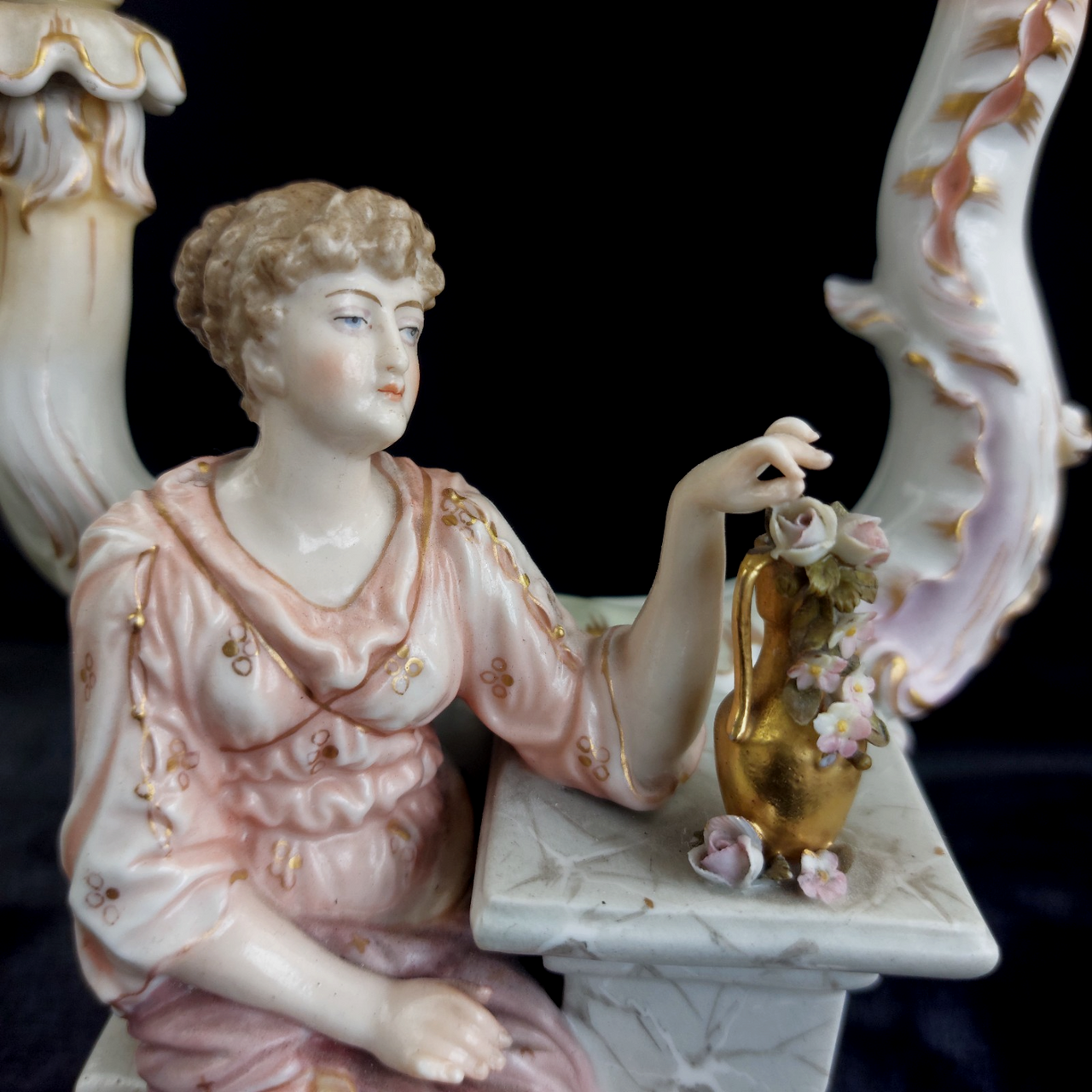 Porcelain Sitzendorf Candelabra Lady Figurine candle Gold Gilt Antique German2