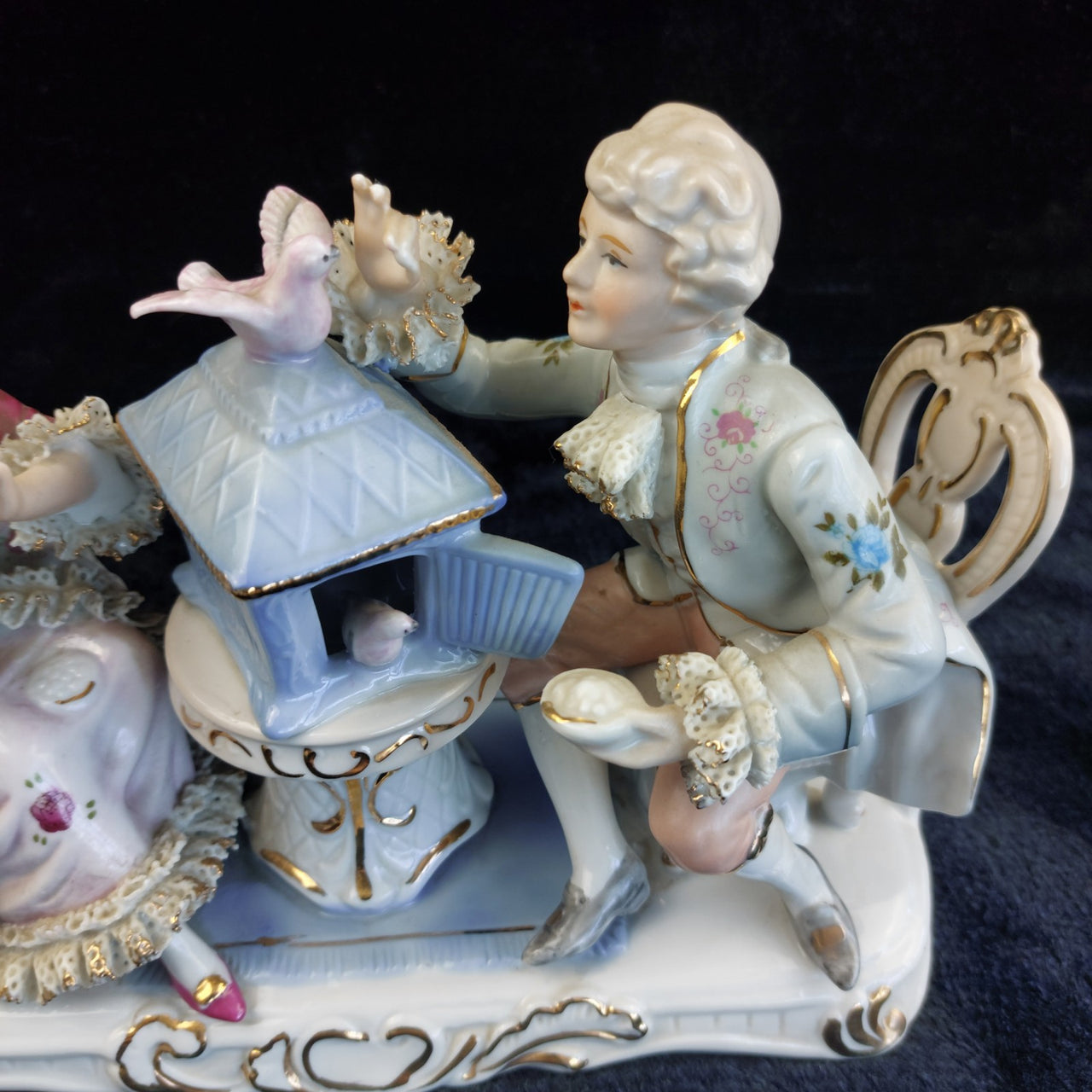 Dresden Style Porcelain Couple with Birds cage –Worn Lace & Tip Damage Gilt 9in3