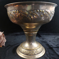 Thumbnail for Vintage Brass Pedestal vase Bowl gold Floral Embossed 10