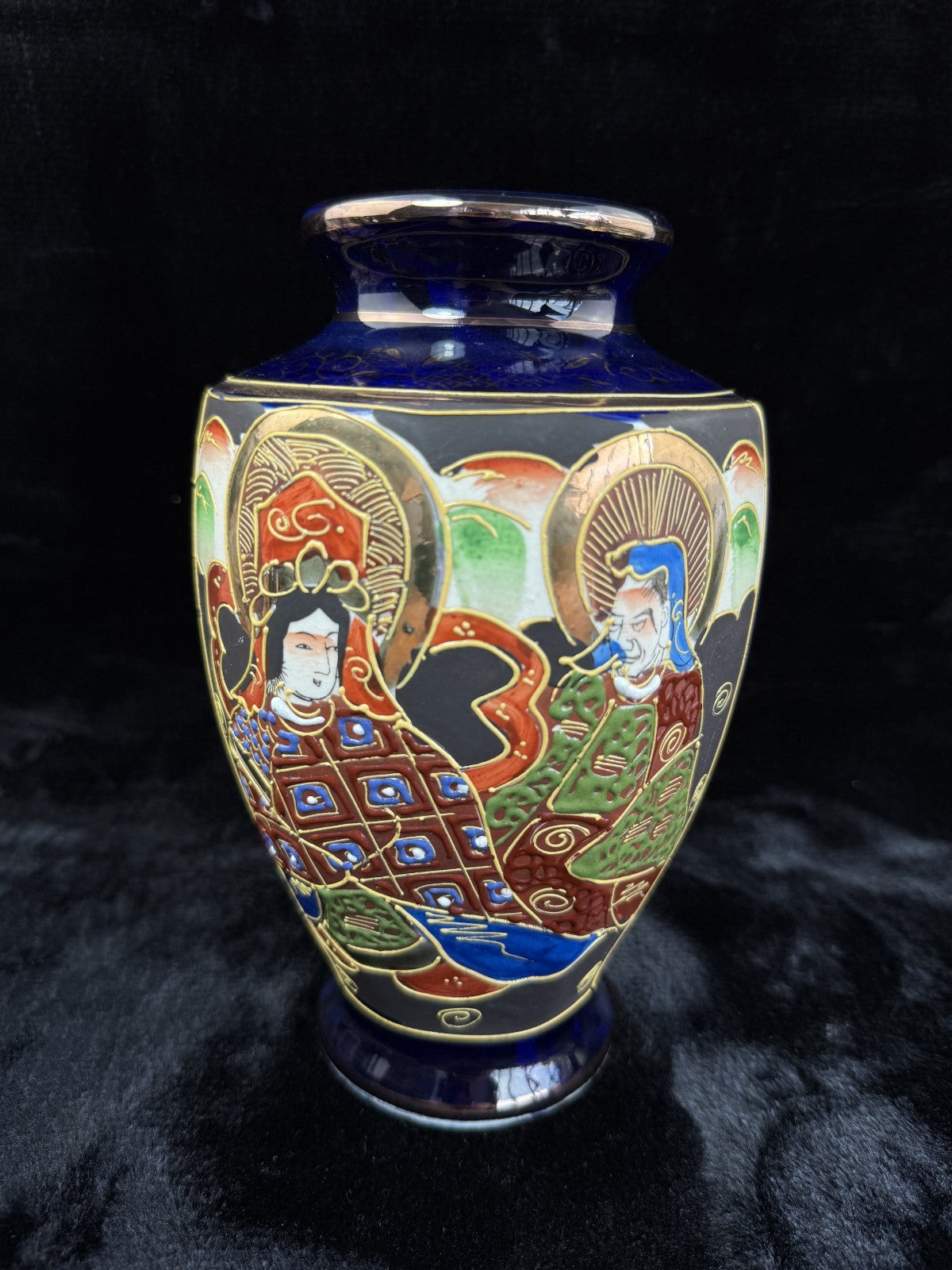 Oriental Hand-Painted navy blue Vase - 'Foreign' Mark Antique Porcelain Satsuma.17