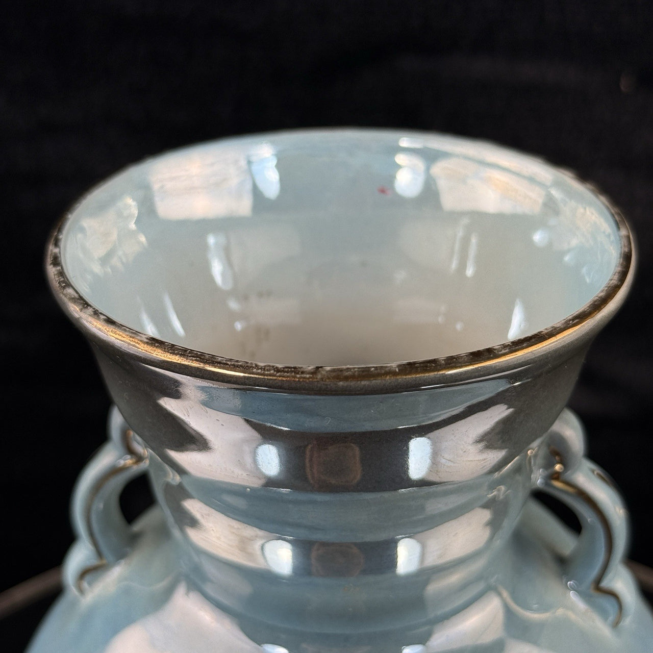 Antique Maling Vase England –Blue Glazed Handle Twin Urn Shape 6.5” decor China,2