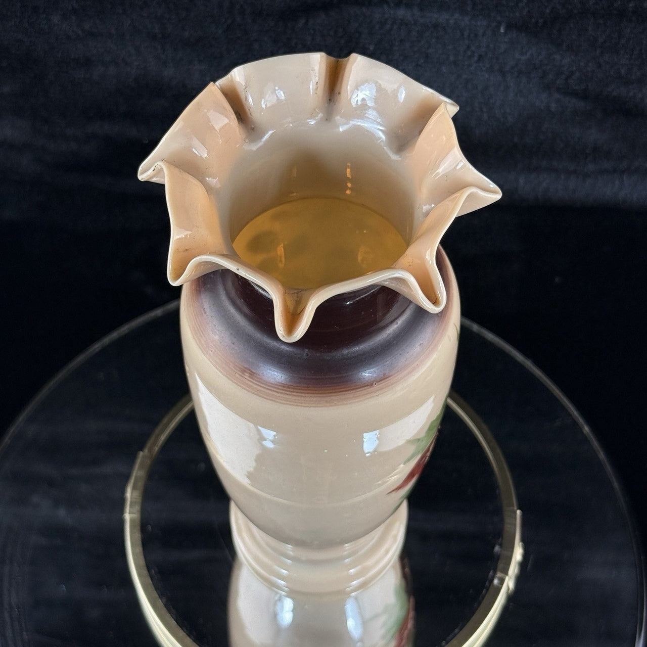 Antique Milk Porcelain Vase HandPainted Floral Bird Design Ruffle Rim 9.5” Tall7