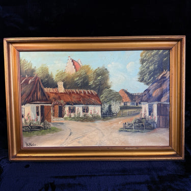 Original Oil Painting on Canvas Signed Y. Holm  Thatched Cottages Landscape0