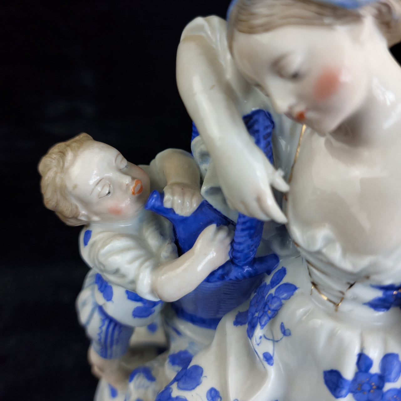 Porcelain Mother Child Figurine Basket Antique German White Blue Ceramic decor4