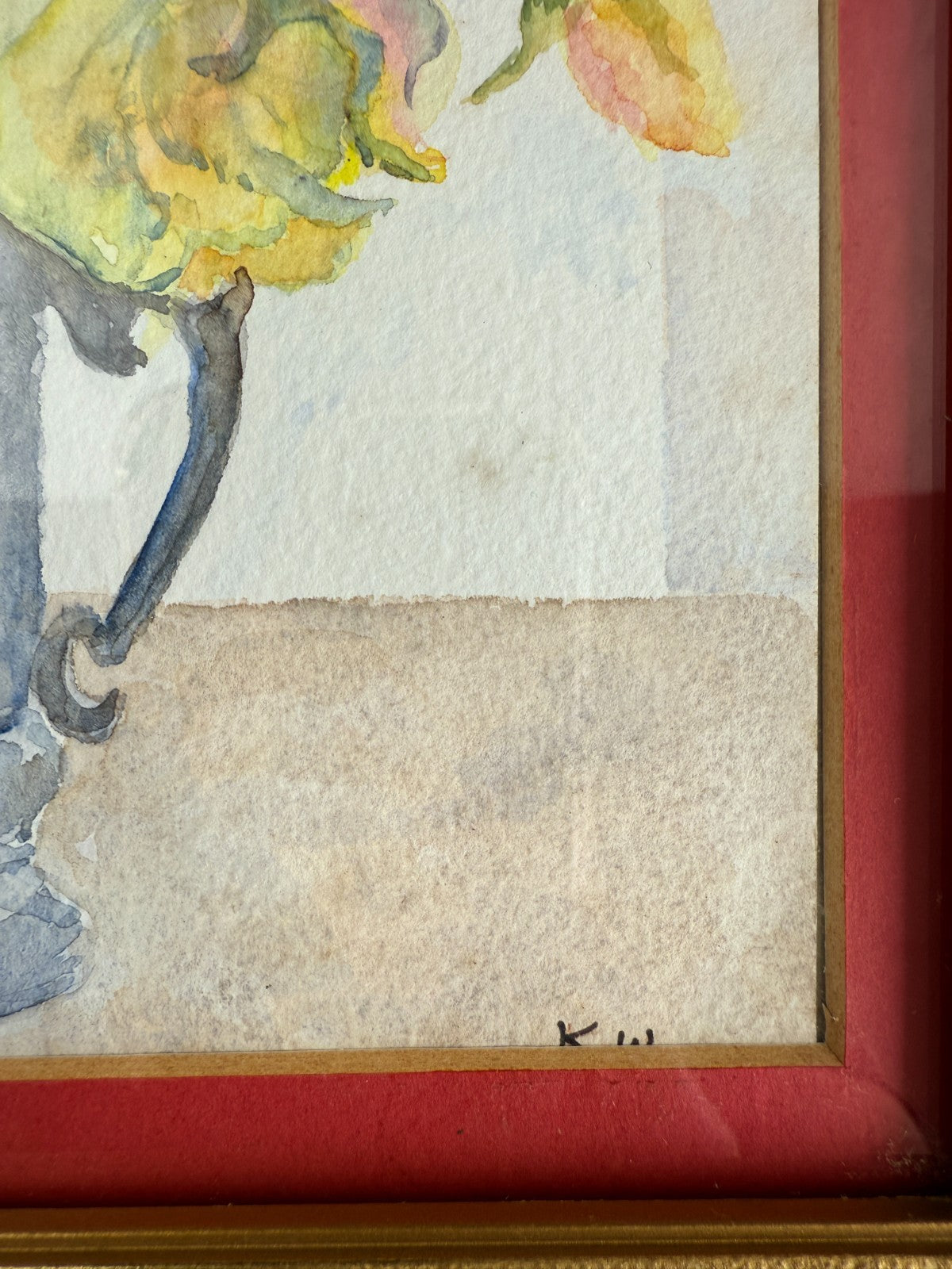 Still Watercolor Life: Roses and Daisies in a Pewter Mug, Signed K.W. Painting4