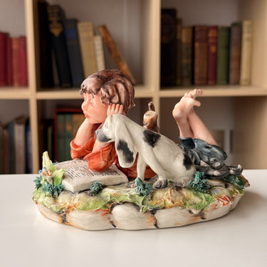 Italian Capodimonte Figurine Boy Reading with Dog and Shoes bookshelf decor gift1